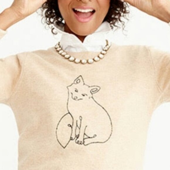 J. Crew Embroidered Fox Merino Wool Blend Long Sleeve Crew Neck Tan Sweater - Picture 2 of 11